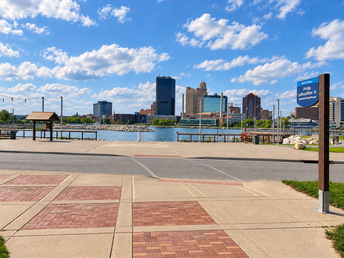 The Philip LeBoutillier Jr. Memorial Boathouse sign at International Park, with downtown Toledo across the river