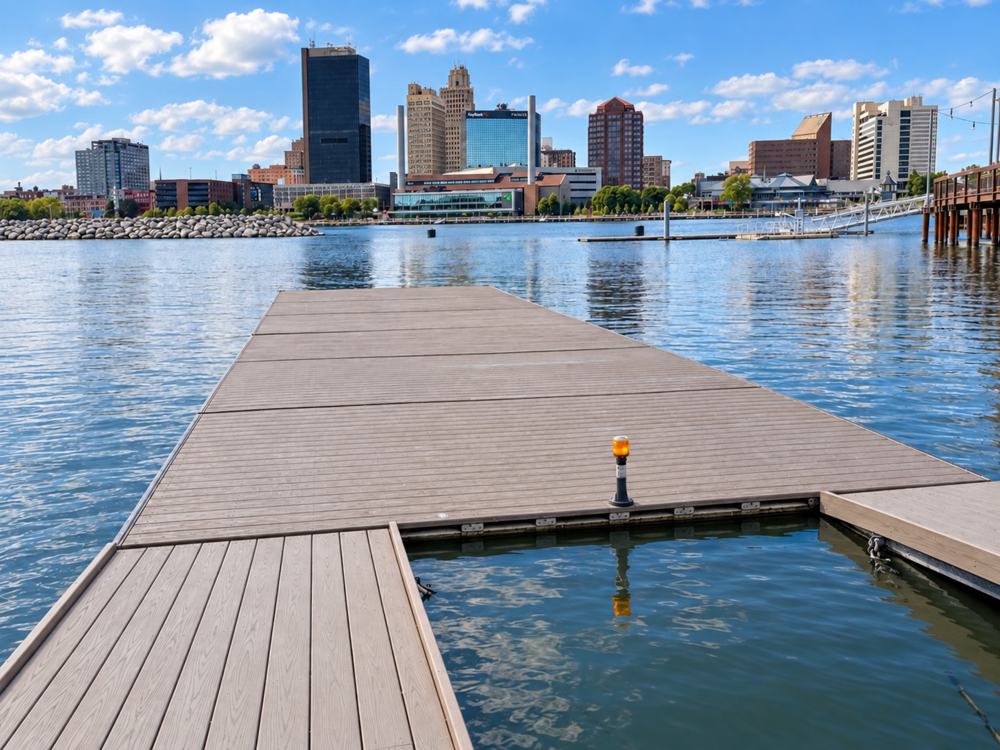The boathouse dock reaching into the Maumee River toward the downtown Toledo skyline